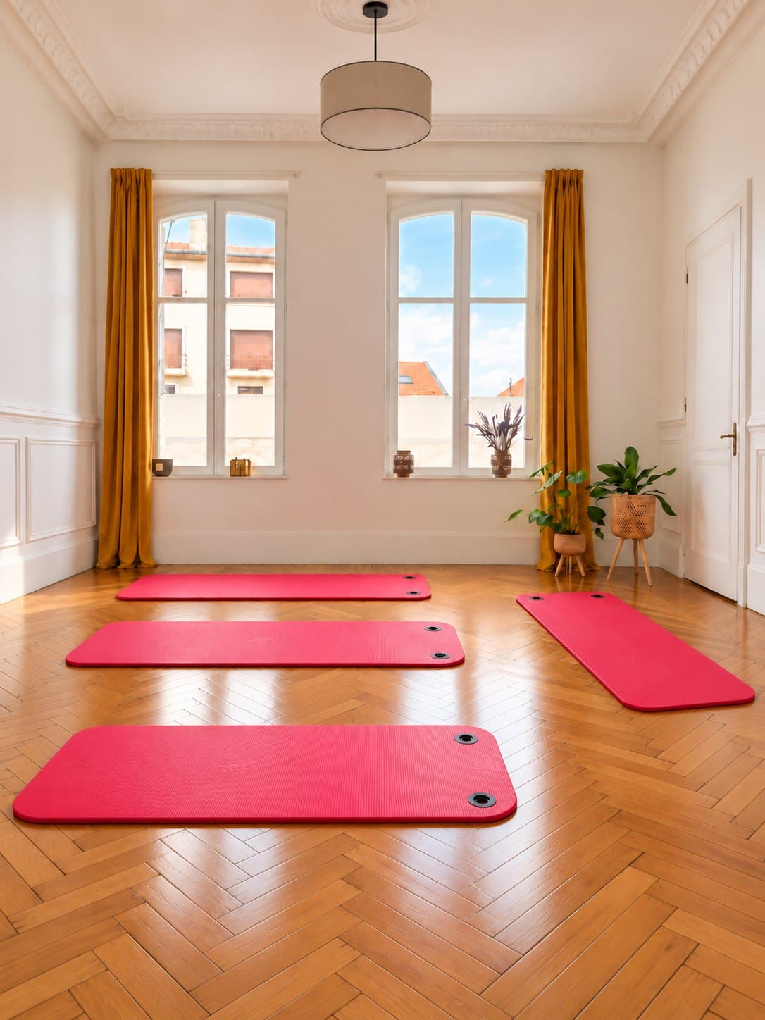 La salle du studio : parquet en point de Hongrie, deux grandes fenêtres encadrées de rideaux jaunes, tapis posés au sol et plantes