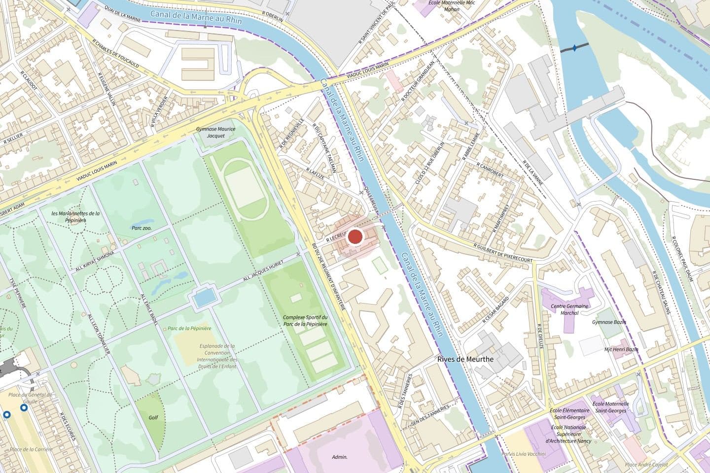 Plan du quartier du studio, 10 rue Lecreulx à Nancy, entre le parc de la Pépinière et le canal, le studio est repéré par un point